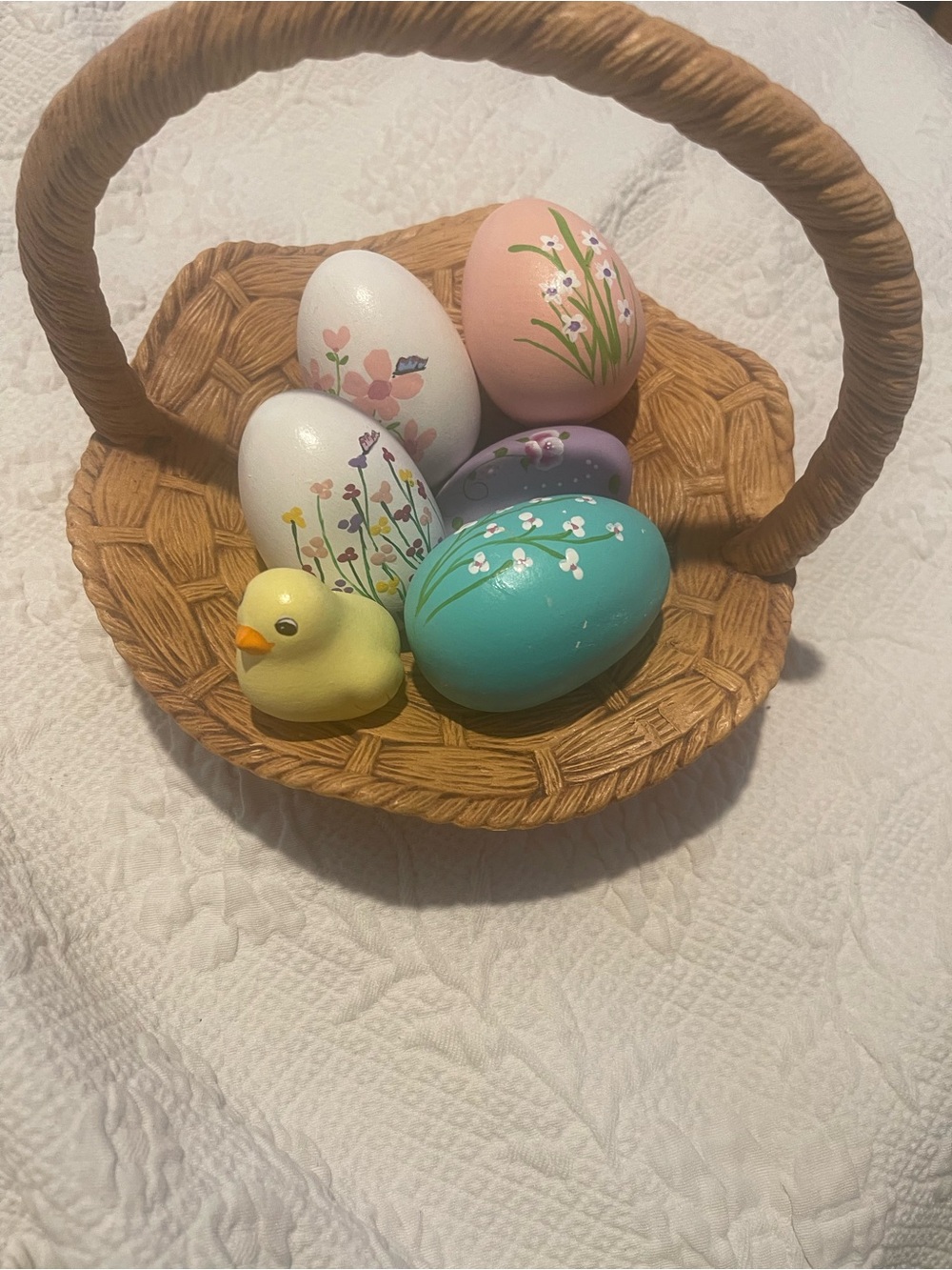 Hand-Painted Pastel Ceramic Easter Eggs with Little Chick in ceramic basket.